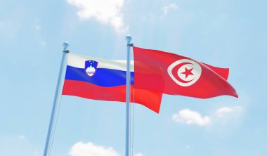 Tunus ve Slovenya, iki bayrak sallayarak karşı mavi gökyüzü. 3D görüntü