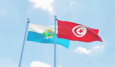 Tunus ve San Marino, iki bayrak sallayarak karşı mavi gökyüzü. 3D görüntü