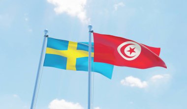 Tunus ve İsveç, iki bayrak sallayarak karşı mavi gökyüzü. 3D görüntü