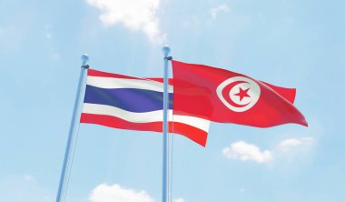 Tunus ve Tayland, iki bayrak sallayarak karşı mavi gökyüzü. 3D görüntü