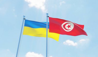 Tunus ve Ukrayna, iki bayrak sallayarak karşı mavi gökyüzü. 3D görüntü