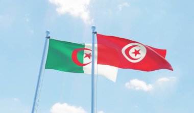 Tunus ve Cezayir, iki bayrak sallayarak karşı mavi gökyüzü. 3D görüntü