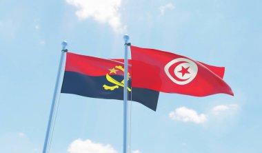 Tunus ve Angola, iki bayrak sallayarak karşı mavi gökyüzü. 3D görüntü