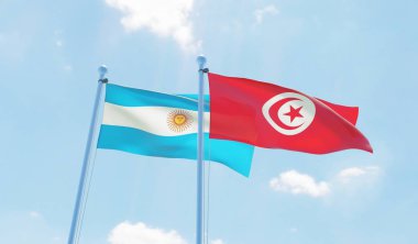 Tunus ve Arjantin, iki bayrak sallayarak karşı mavi gökyüzü. 3D görüntü