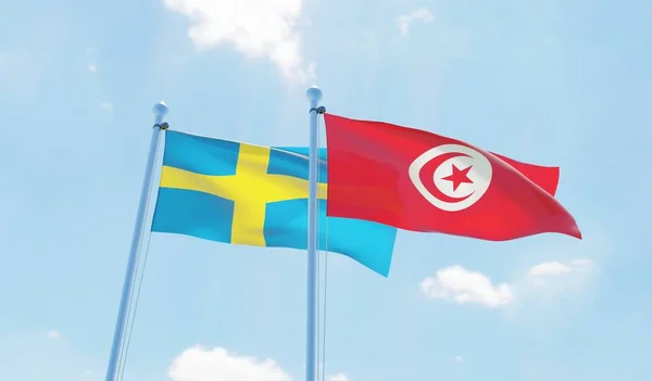 Tunisia Sweden Two Flags Waving Blue Sky Image — Stock Photo, Image
