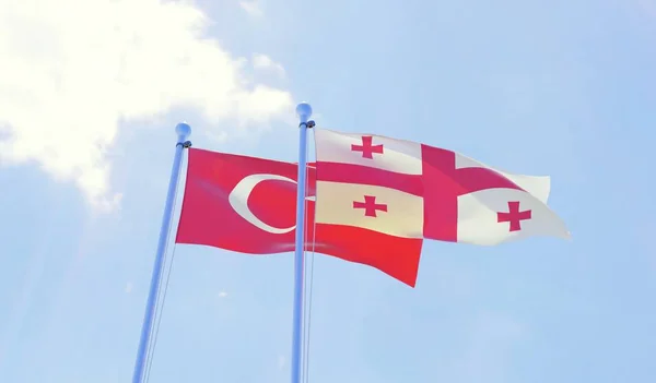Turcja Gruzji Dwie Flagi Macha Przeciw Błękitne Niebo Obraz — Zdjęcie stockowe