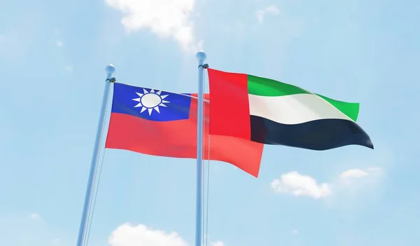 Emiratos Árabes Unidos Taiwán Dos Banderas Ondeando Contra Cielo Azul —  Fotos de Stock