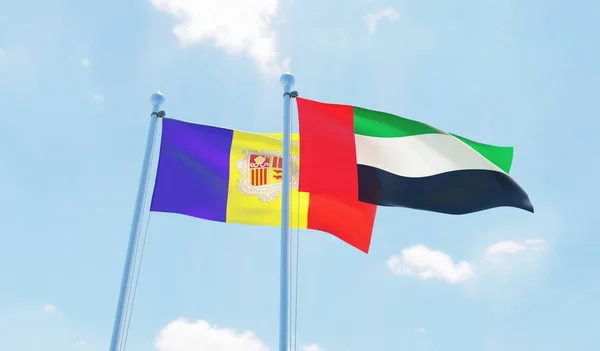 Spojené Arabské Emiráty Andorry Dva Vlají Proti Modré Obloze Obrázek — Stock fotografie