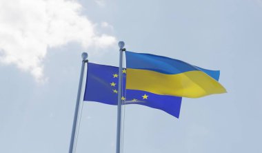 Ukrayna ve Avrupa Birliği, iki bayrak sallayarak karşı mavi gökyüzü. 3D görüntü