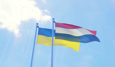 Ukrayna ve Hollanda, iki bayrak sallayarak karşı mavi gökyüzü. 3D görüntü