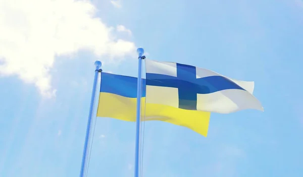 Ukrajina Finsko Dva Vlají Proti Modré Obloze Obrázek — Stock fotografie