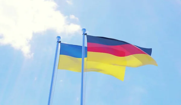 Ukraine Und Deutschland Zwei Fahnen Wehen Vor Blauem Himmel Bild — Stockfoto