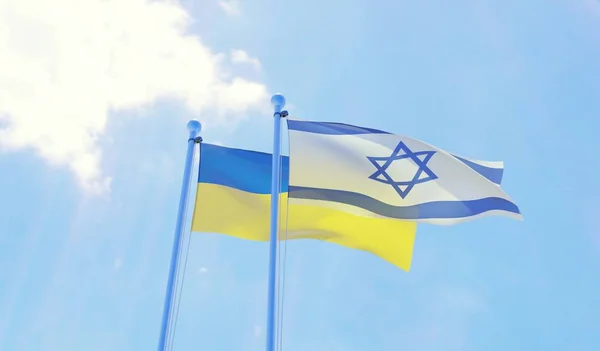 Україною Ізраїлем Двох Прапорців Розмахуючи Проти Синього Неба Зображення — стокове фото