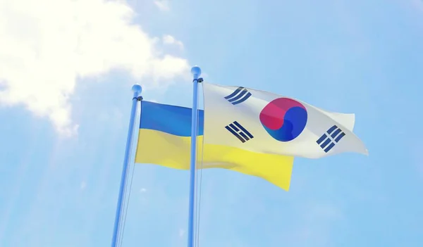 Ukrayna ve Güney Kore, iki bayrak sallayarak karşı mavi gökyüzü. 3D görüntü
