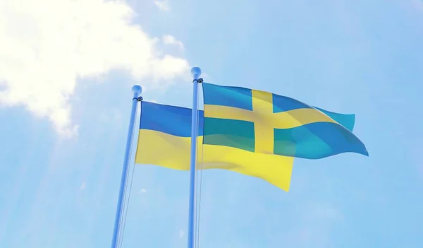 Ukraina Szwecja Dwie Flagi Macha Przeciw Błękitne Niebo Obraz — Zdjęcie stockowe