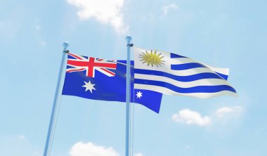 Uruguay ve Avustralya, iki bayrak sallayarak karşı mavi gökyüzü. 3D görüntü