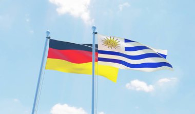 Uruguay ve Almanya, iki bayrak sallayarak karşı mavi gökyüzü. 3D görüntü