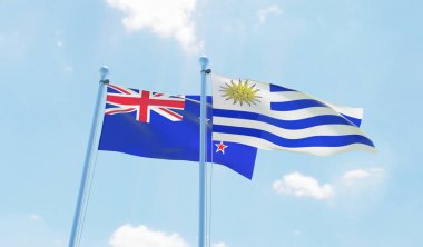 Uruguay ve Yeni Zelanda, iki bayrak sallayarak karşı mavi gökyüzü. 3D görüntü