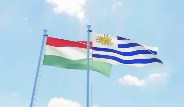 Uruguay Hongrie Deux Drapeaux Agitant Contre Ciel Bleu Image — Photo