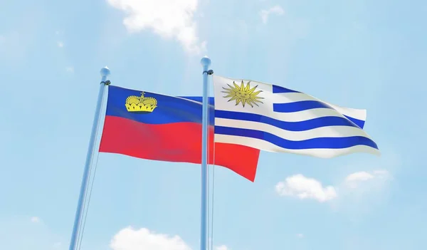 Uruguay Liechtenstein Deux Drapeaux Agitant Contre Ciel Bleu Image — Photo