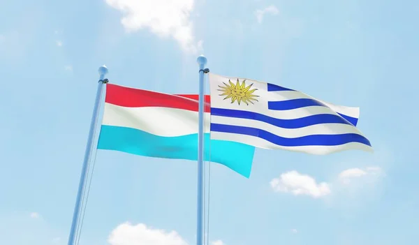 Uruguay Luxembourg Deux Drapeaux Agitant Contre Ciel Bleu Image — Photo