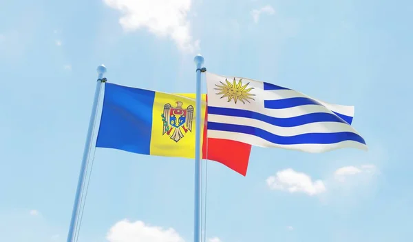 Уругвай Молдова Два Флага Размахивающих Голубым Небом Изображение — стоковое фото