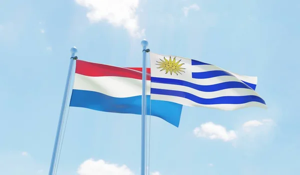 Uruguay Pays Bas Deux Drapeaux Agitant Contre Ciel Bleu Image — Photo