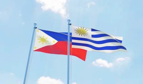 Уругвай Филиппины Два Флага Размахивающих Голубым Небом Изображение — стоковое фото