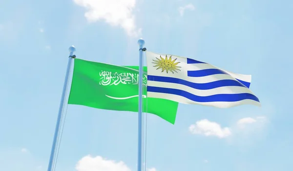 Uruguay Und Saudi Arabia Zwei Flaggen Wehen Vor Blauem Himmel — Stockfoto