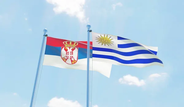 Uruguay Srbsko Dva Vlají Proti Modré Obloze Obrázek — Stock fotografie