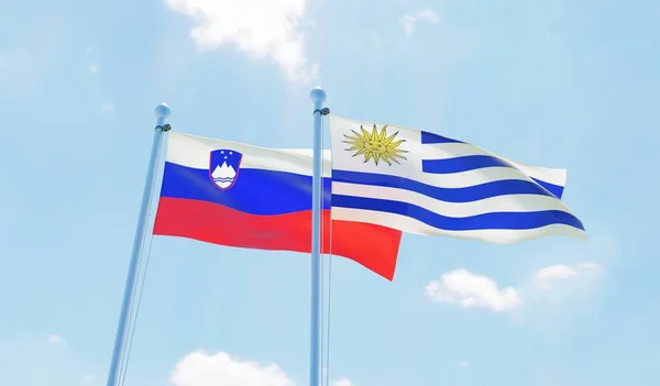 Uruguay Slovenia Two Flags Waving Blue Sky Image — Stock Photo, Image