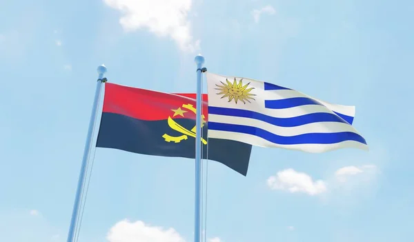 Uruguay Angola Two Flags Waving Blue Sky Image — Stock Photo, Image