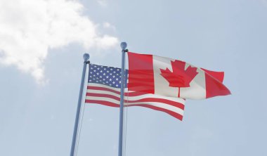 ABD ve Kanada, iki bayrak sallayarak karşı mavi gökyüzü. 3D görüntü