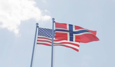 ABD ve Norveç, iki bayrak sallayarak karşı mavi gökyüzü. 3D görüntü