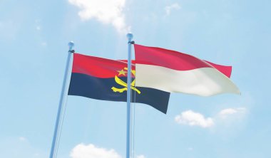 Angola ve Endonezya, iki bayrak sallayarak karşı mavi gökyüzü. 3D görüntü