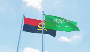 Angola ve Suudi Arabistan, iki bayrak sallayarak karşı mavi gökyüzü. 3D görüntü