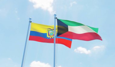 Ekvador ve Kuveyt, iki bayrak sallayarak karşı mavi gökyüzü. 3D görüntü