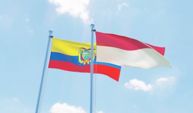 Ekvador ve Endonezya, iki bayrak sallayarak karşı mavi gökyüzü. 3D görüntü