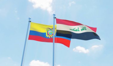 Ekvador ve Irak, iki bayrak sallayarak karşı mavi gökyüzü. 3D görüntü