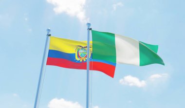 Ekvator ve Nijerya'dan, iki bayrak sallayarak karşı mavi gökyüzü. 3D görüntü