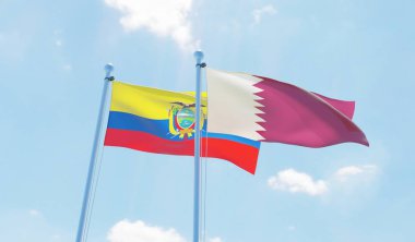 Ekvador ve Katar, iki bayrak sallayarak karşı mavi gökyüzü. 3D görüntü