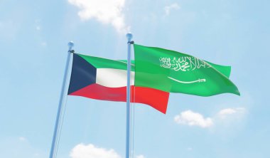 Kuveyt ve Suudi Arabistan, iki bayrak sallayarak karşı mavi gökyüzü. 3D görüntü