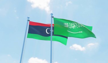 Libya ve Suudi Arabistan, iki bayrak sallayarak karşı mavi gökyüzü. 3D görüntü