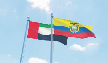 Birleşik Arap Emirlikleri ve Ekvador, iki bayrak sallayarak karşı mavi gökyüzü. 3D görüntü