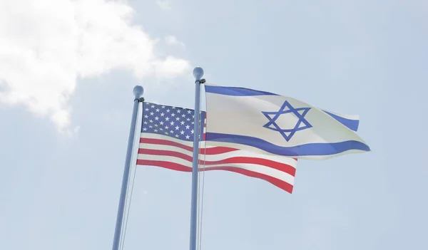 Usa Israele Due Bandiere Sventolano Contro Cielo Blu Immagine — Foto Stock