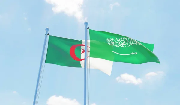 Algerien Und Saudi Arabia Zwei Flaggen Wehen Vor Blauem Himmel — Stockfoto