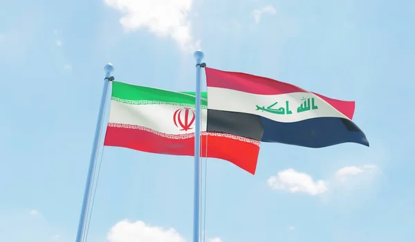 Iran ve Irak, iki bayrak sallayarak karşı mavi gökyüzü. 3D görüntü