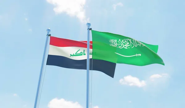Irak Saoedi Arabië Twee Vlaggen Zwaaien Tegen Blauwe Hemel Afbeelding — Stockfoto
