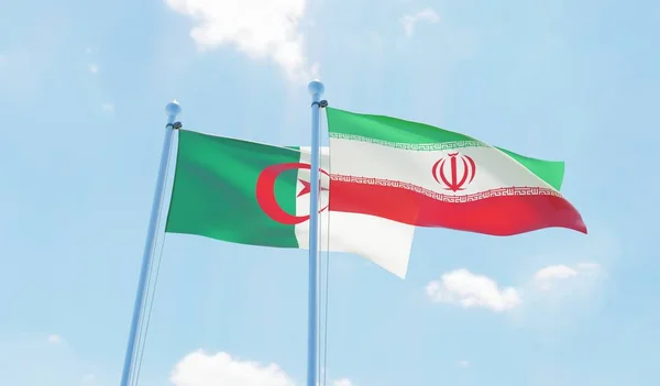 Algerije Iran Twee Vlaggen Zwaaien Tegen Blauwe Hemel Afbeelding — Stockfoto