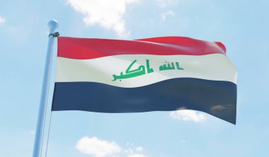 Irak bayrağı sallayarak karşı mavi gökyüzü. 3D görüntü